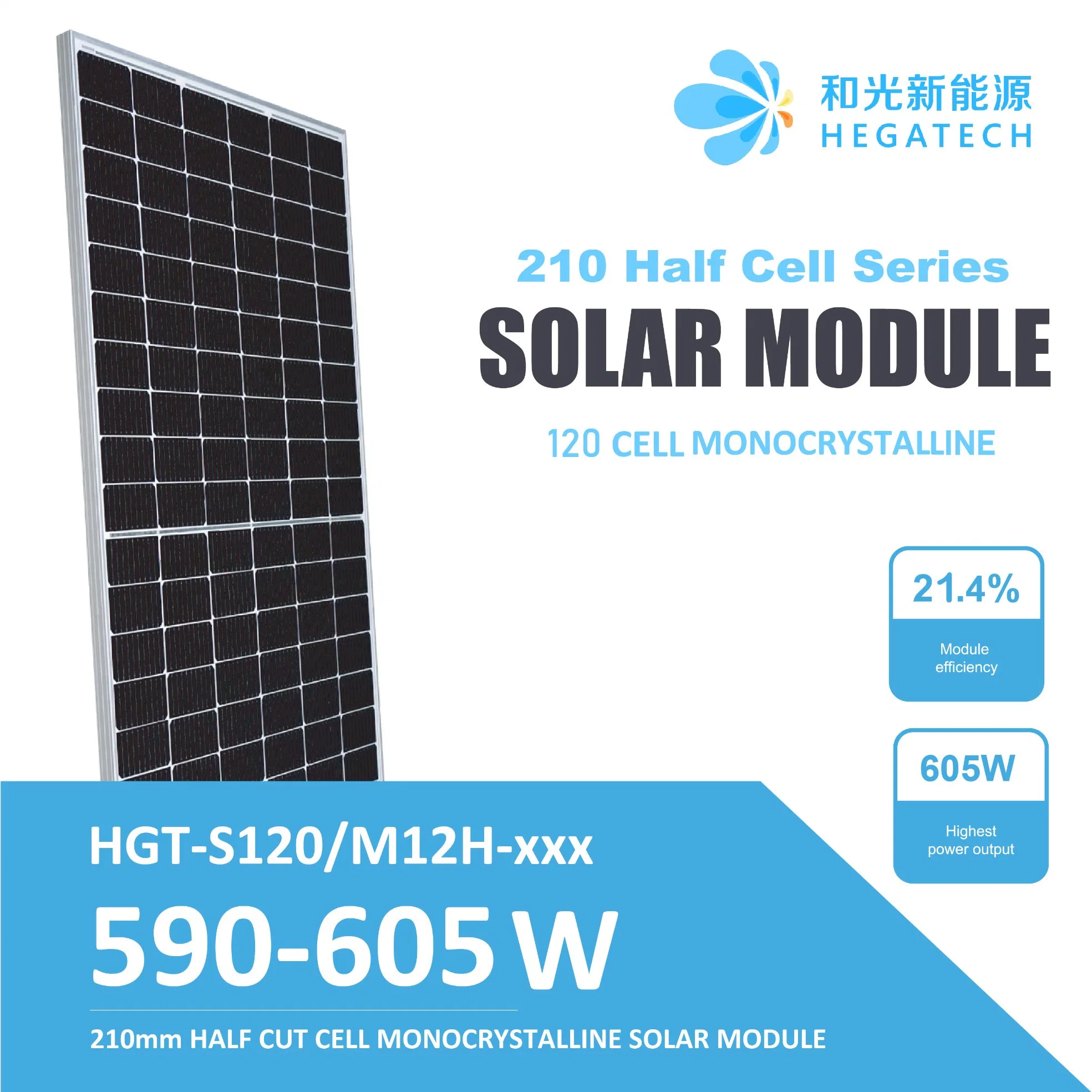 Hegatech PV Panel Half Cell 210mm 590W 595W 600W 605W