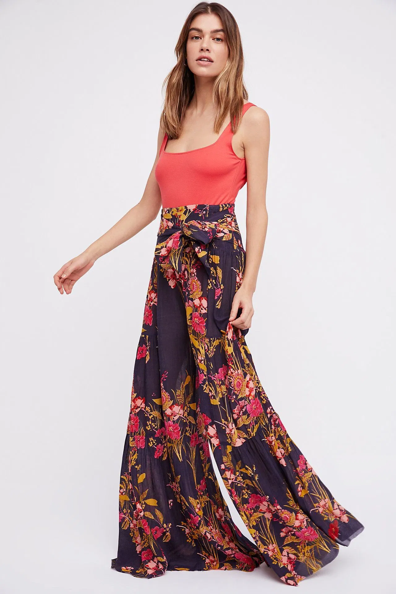 Frühling Sommer Hoch Taillierte Blume Digital Gedruckt Lose Breites Bein Beach Pants Damen Hosen Hose für Damen