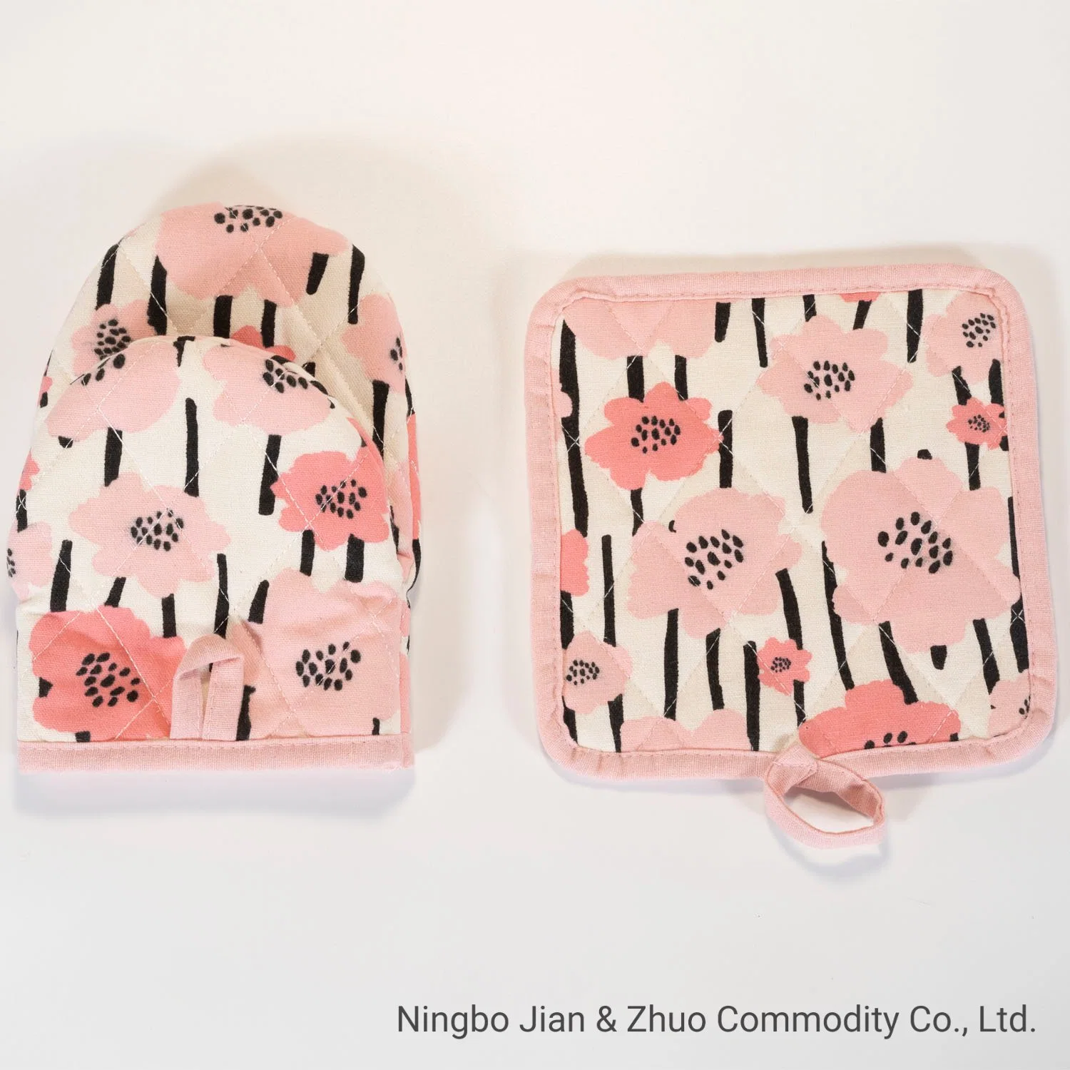 Hot Sale Polyester Digital Printing Pink Flowers Kitchen Textile Oven Mitt and Pot Holder Kitchen Set Used for Backing