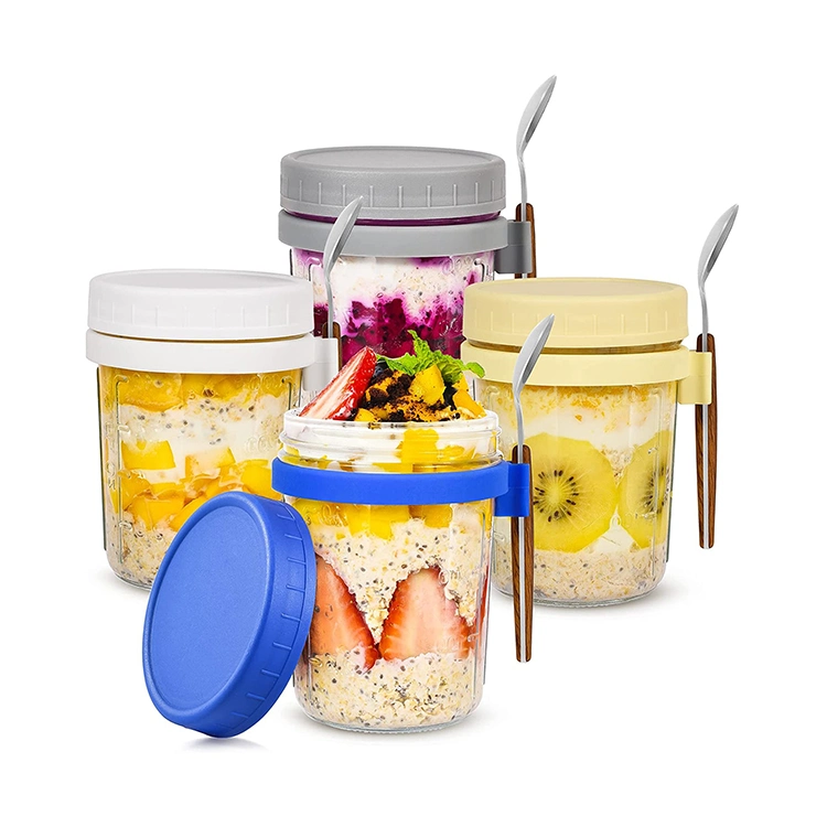 Frascos Oats overnight com tampa e recipiente de aveia com conjunto Spoon Frascos Mason com palha e armazenamento de leite de cereais Bento Bag Recipiente para viagens de escritório em casa de 300 ml