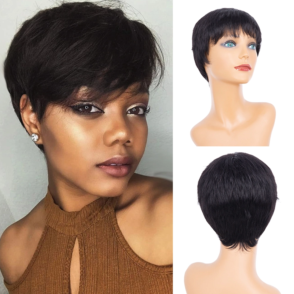 Human Hair Glueless Black Color Short Pix Cut Full Machine Made Wig