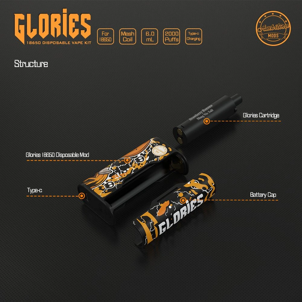 Glorias desechables desechables de portátil 18650 Kit de Vape ambición Mods 2000 inhalaciones Atomizer