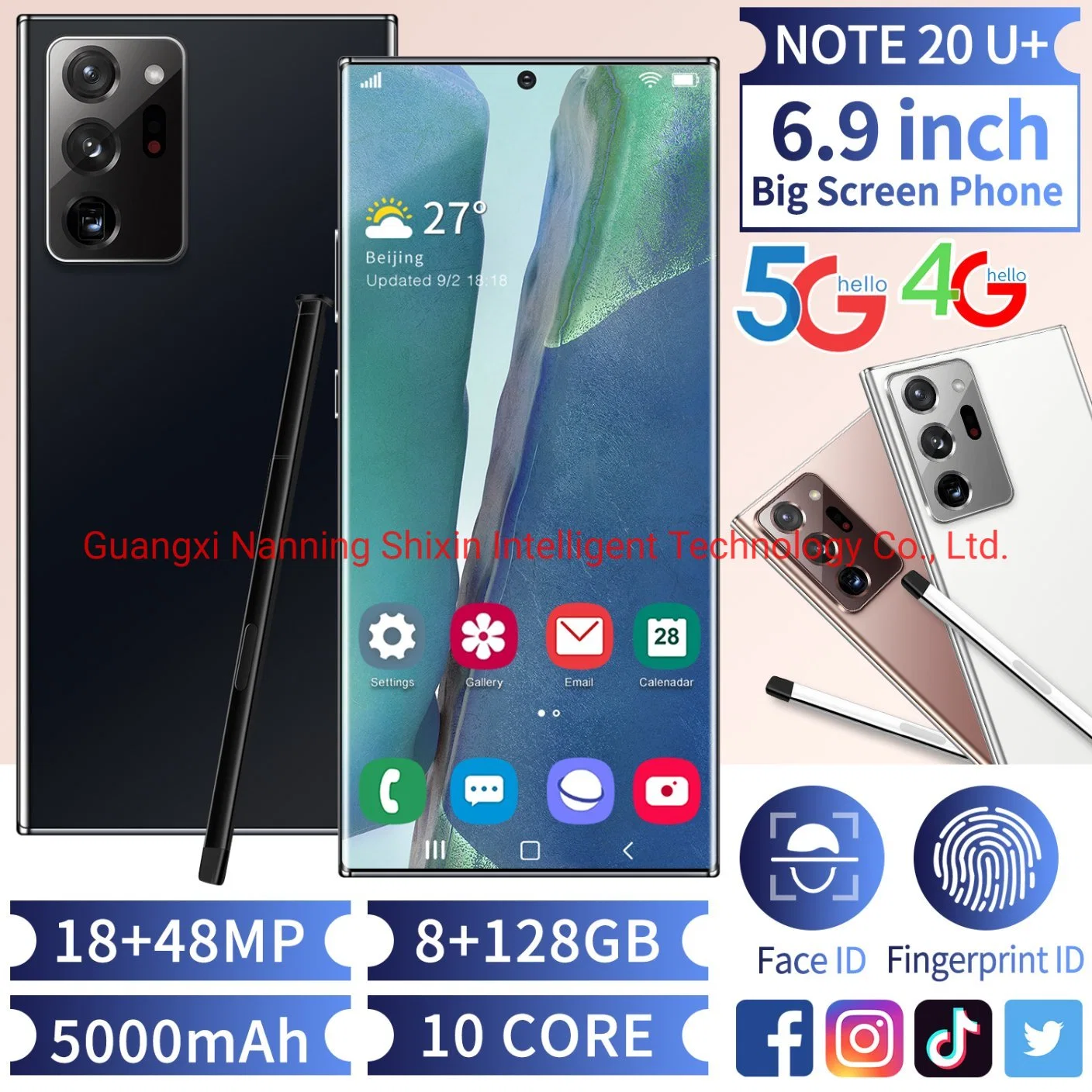 Remarque20U+ écran AMOLED Smartphone Android 10.0 téléphone avec le visage déverrouiller+128Téléphone mobile de 8 Go