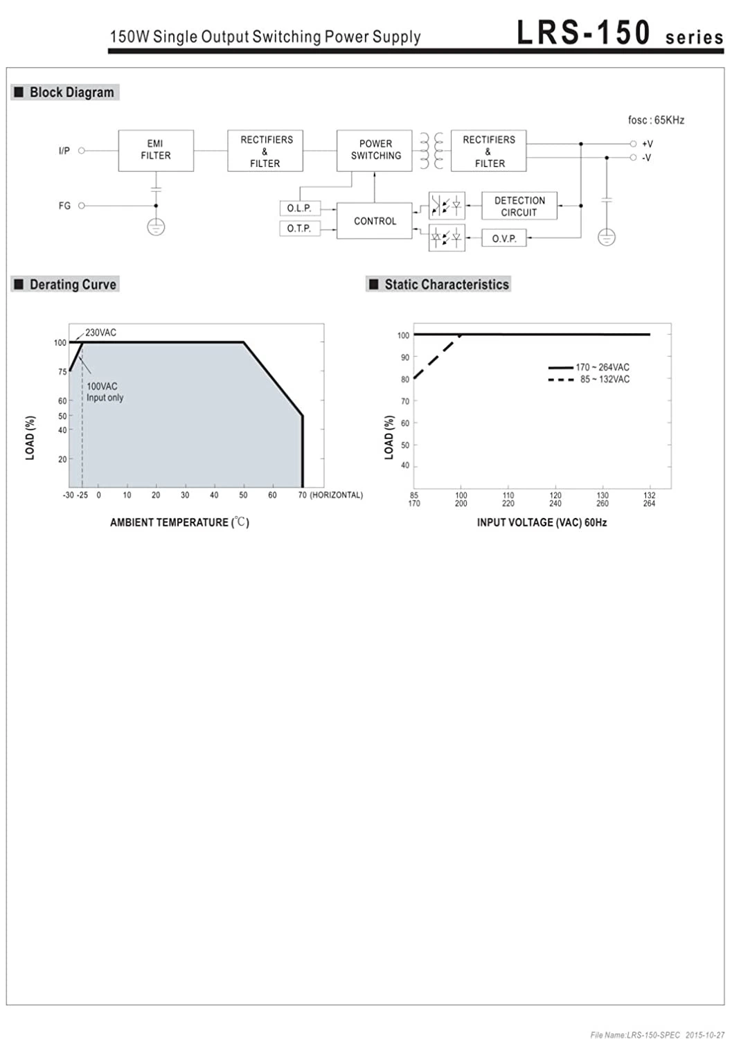 Lrs-150-24 Switching Power Supply, Single Output, 24V, 6.5A, 156W, 6.26" L X 3.82" W X 1.18" H