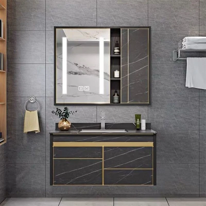 Ensemble de vanité de salle de bain flottante en bois massif de luxe de style européen avec lavabo et miroir.