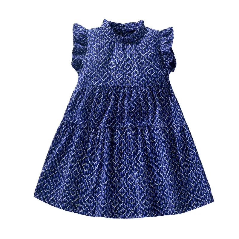 Hot Sale Summer Baby Girl Dress 100% Cotton Corduroy DOT Aop Children Apparel Dresses with Ruffle Neck and Sleeve