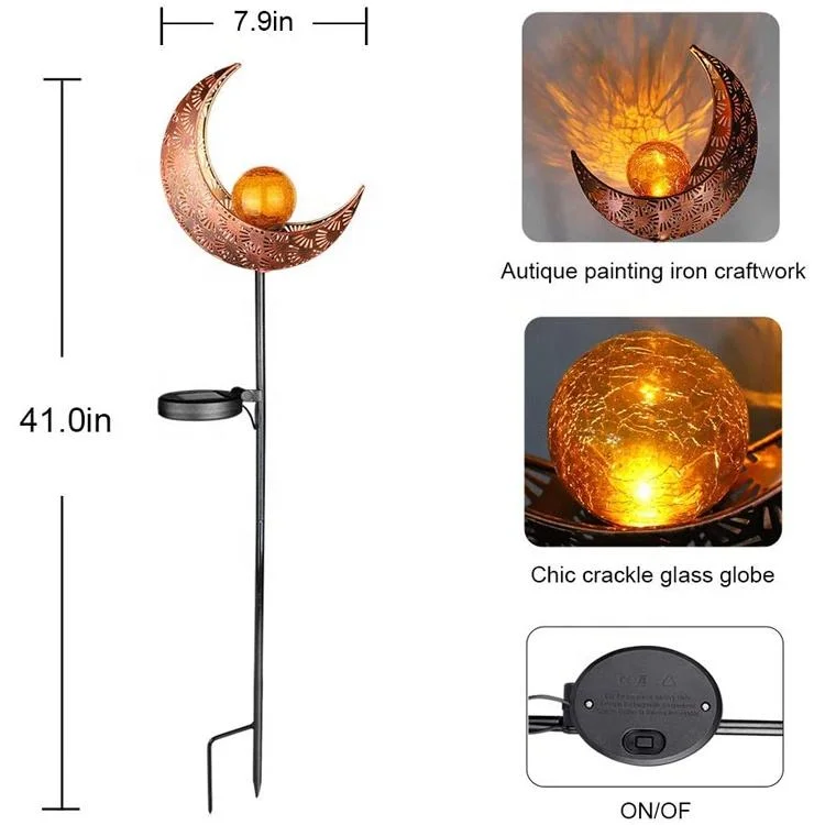 Mond Crackle Glas Globe Stake Metall Garten Solar LED Metall Lichter für Rasen Terrasse