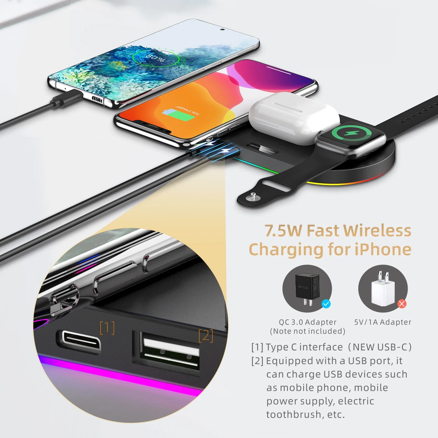 4en1 Cargador inalámbrico con USB y enfriar el iWatch LED para el iPhone y el teléfono inteligente la carga de la llegada de nuevos equipos de sobremesa portátiles QC3.0 ABS