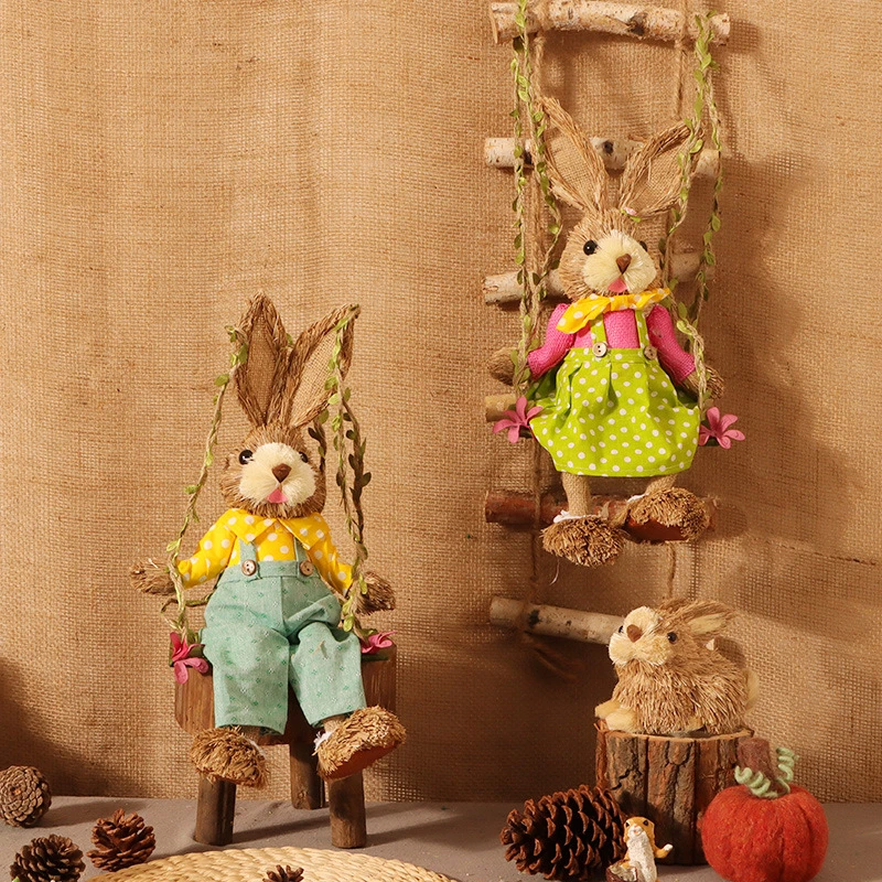 Conejo tejido de paja hecha a mano Casa Tienda decoración Pastoral Regalos Boda Ventana exterior tiro Props Pascua Artesanía Juguetes animales largo oído Conejito de Pascua Juguete