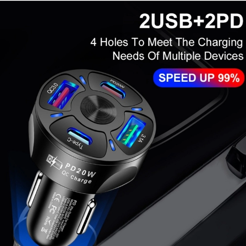 4 Port USB Car Charger QC3.0 Pd 20W Type C Fast Charging for Normal Mobile Phone, iPhone, Xiaomi