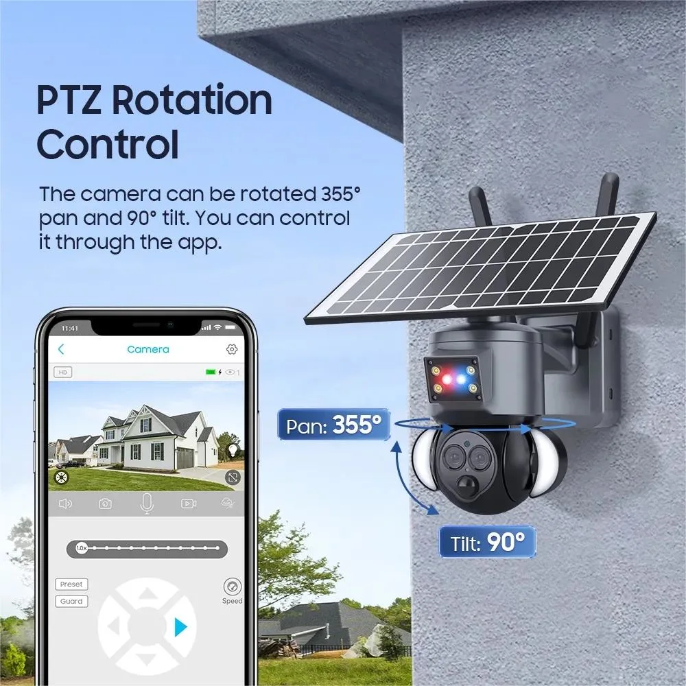 Rede WiFi PIR de vigilância CCTV de lente dupla com zoom 12X no exterior Câmara solar 4G de 6 MP, 6 W.