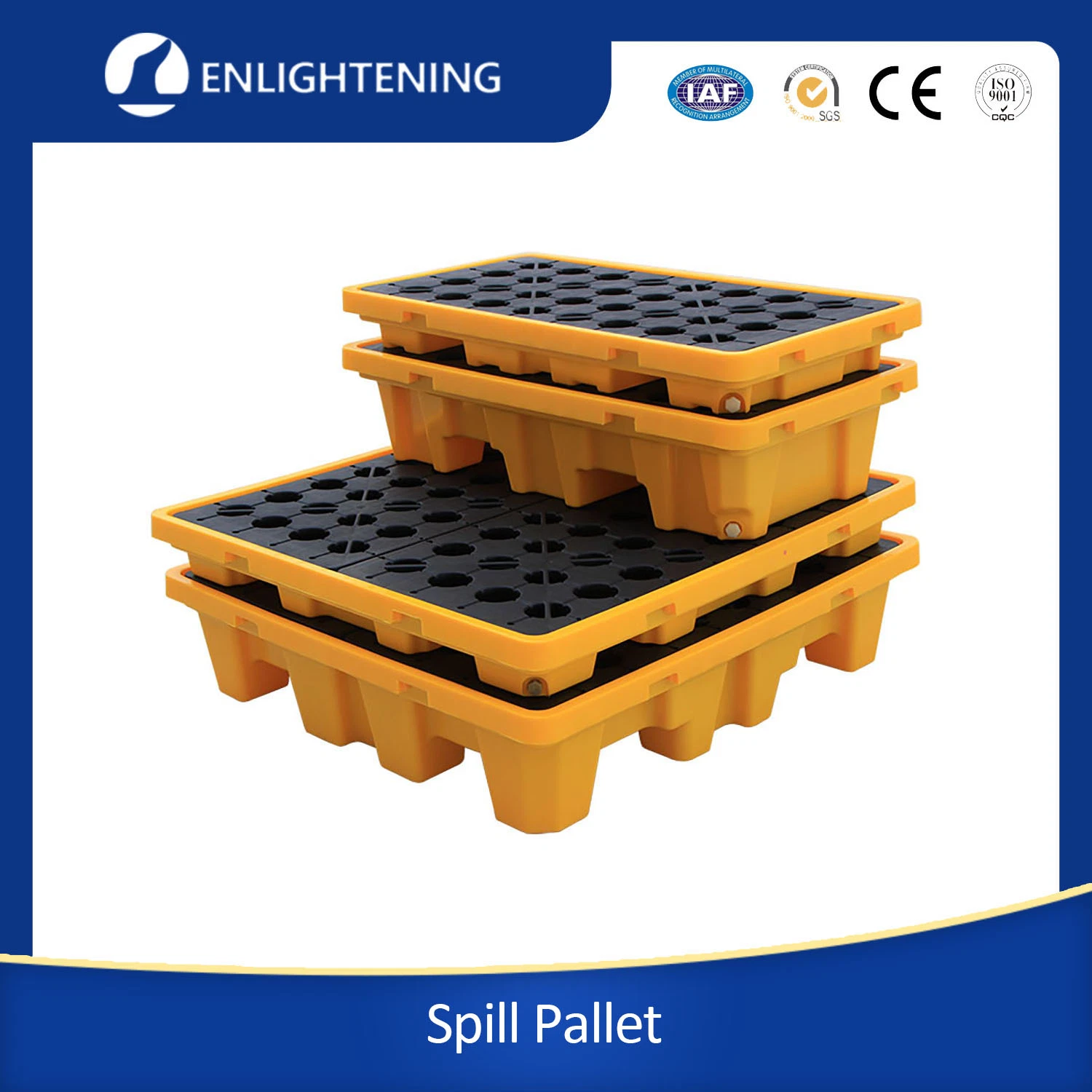 Pallets de contenção secundária de plástico HDPE à prova de vazamentos para tambor de óleo, uso pesado industrial em piso/terreno químico grande de um único lado, com capacidade para 4/2/1 tambores.