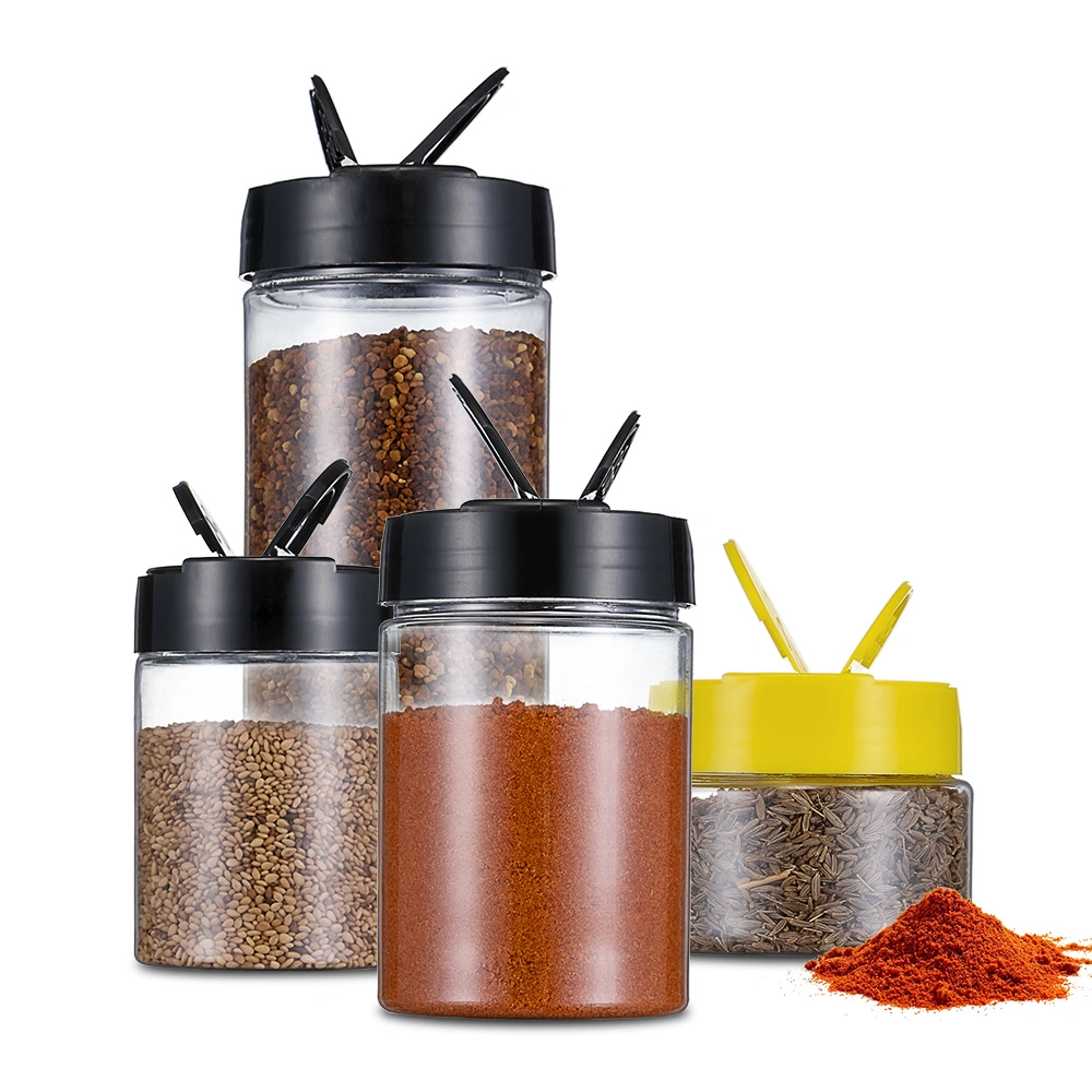 Excelente BBQ Packaging Container Pet Plastic Seasoning Jar Especias desechables Botella con tapa de agitador