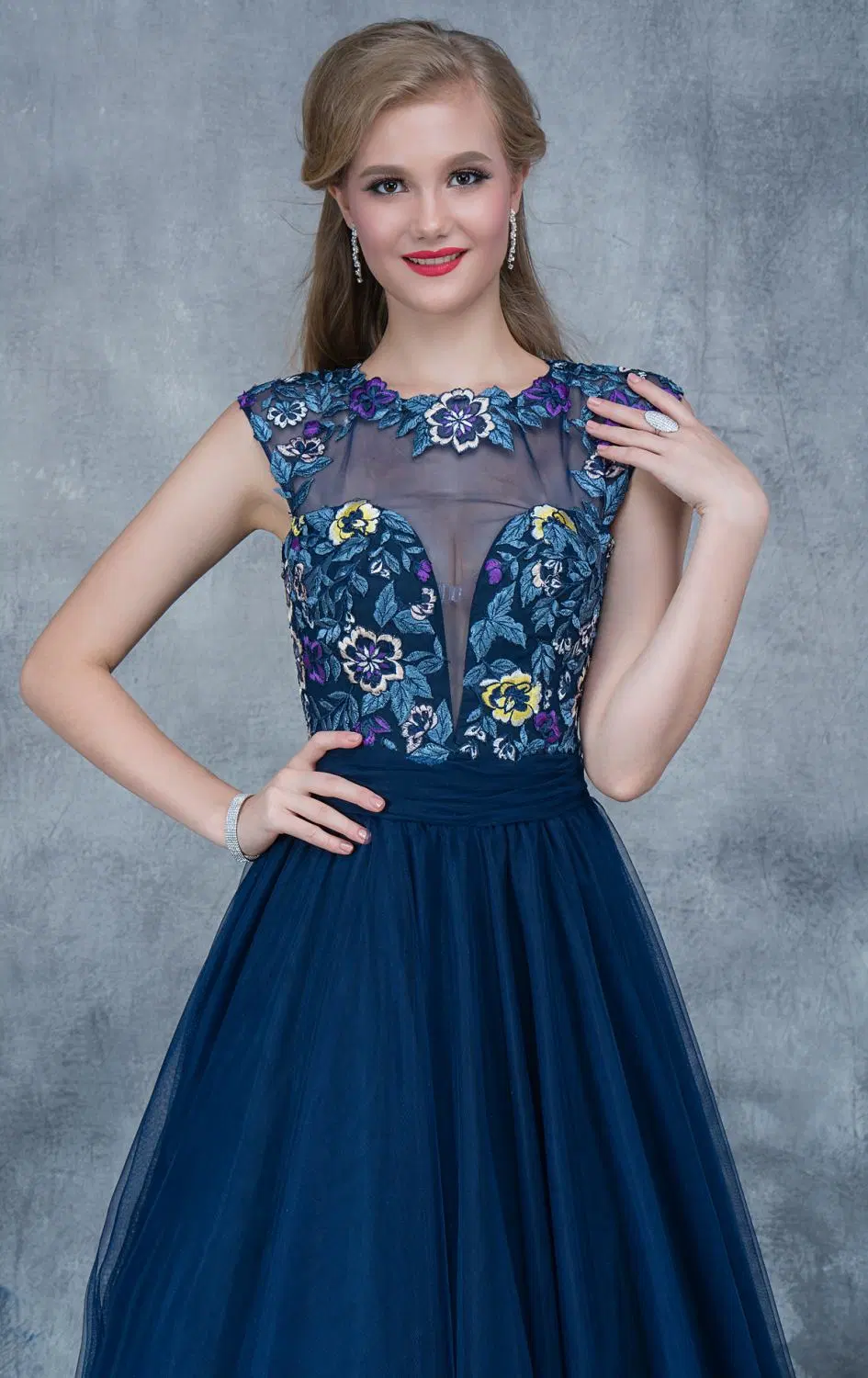 Cap Sleeves Party Fashion Dress Navy Tulle Evening Prom Dresses Z5028