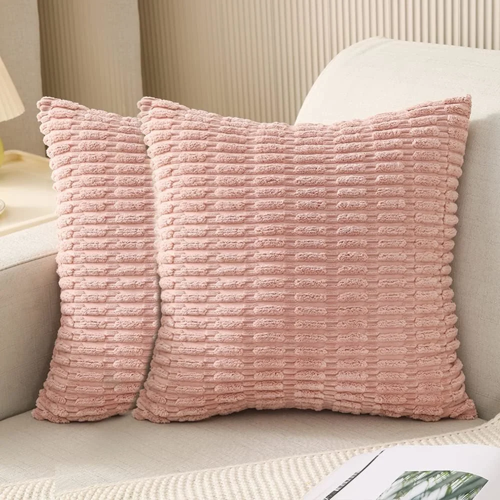 Nuevo Chubby Corduroy sofá almohada nórdica sólida Pink18X18 pulgadas suave Cojín cuadrado de rayas Boho - Sofá decorativo de rayas de la casa almohada