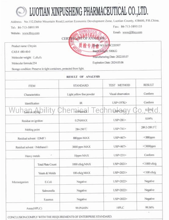 Bulk Price Chrysin-5, 7-Dihydroxy Flavone 99% Powder CAS 480-40-0 Chrysin