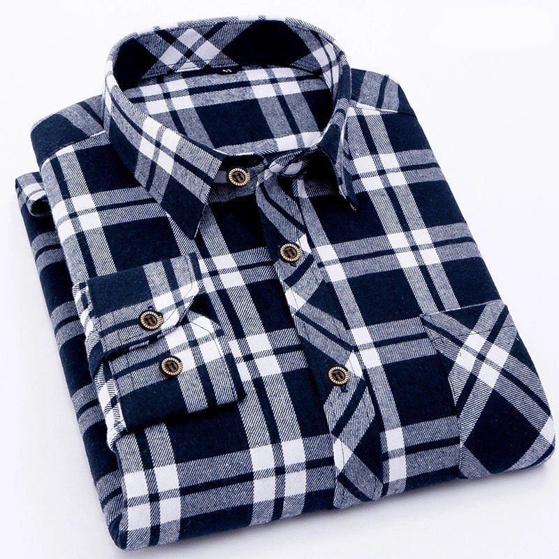 Men Pure Cotton Sanded Fabric Long Sleeve Casual Male Front Pocket Plaid Autumn Winter Classic Checked Shirts