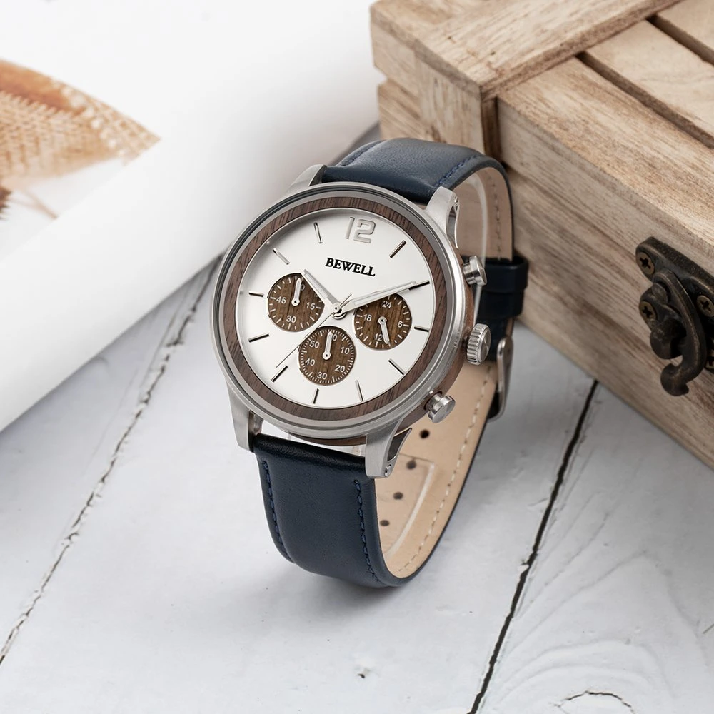 Bewell Mode Acier Inoxydable avec Bracelet en Bois Véritable 3 Couleurs Montre-Bracelet pour Hommes à Quartz