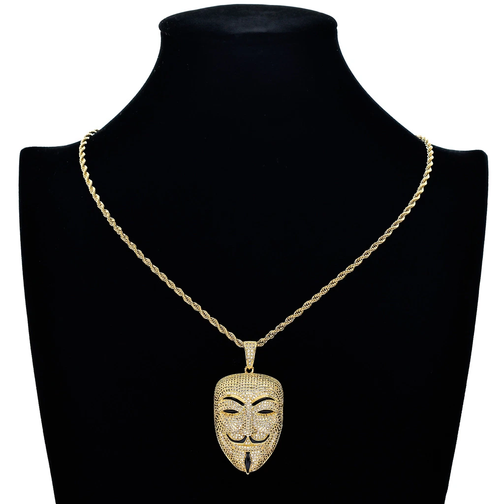 New Ice out Face Pendant Hip Hop Jewellery V for Vendetta Fashion CZ Stone Necklace for Man Women Gift OEM ODM Factory