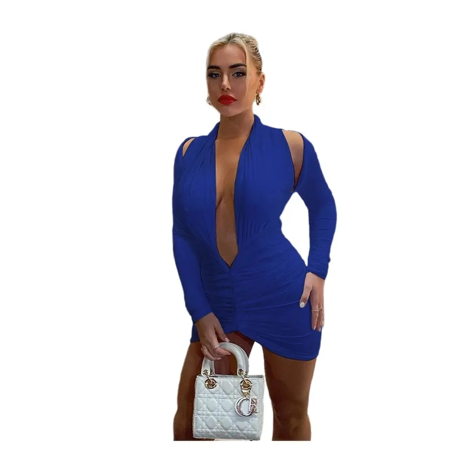 V Neck Full Sleeve Solid Color Halter Pleated Sexy Mini Dress for Women