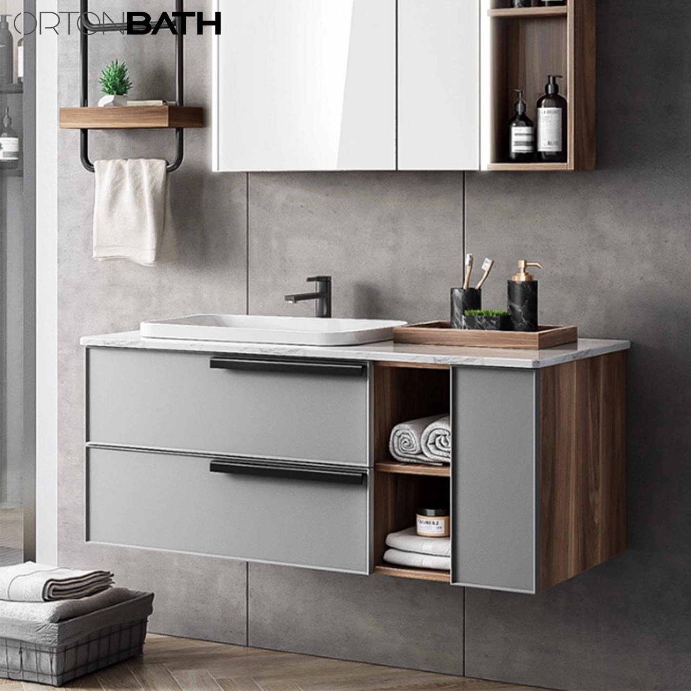 Ortonbath Grey Modern Wall Mount Ceramic Sink Bathroom Double Layer Wood Vanity Unit Cabinet Artificial Stone Bathroom Furniture with Mirror Cabinet