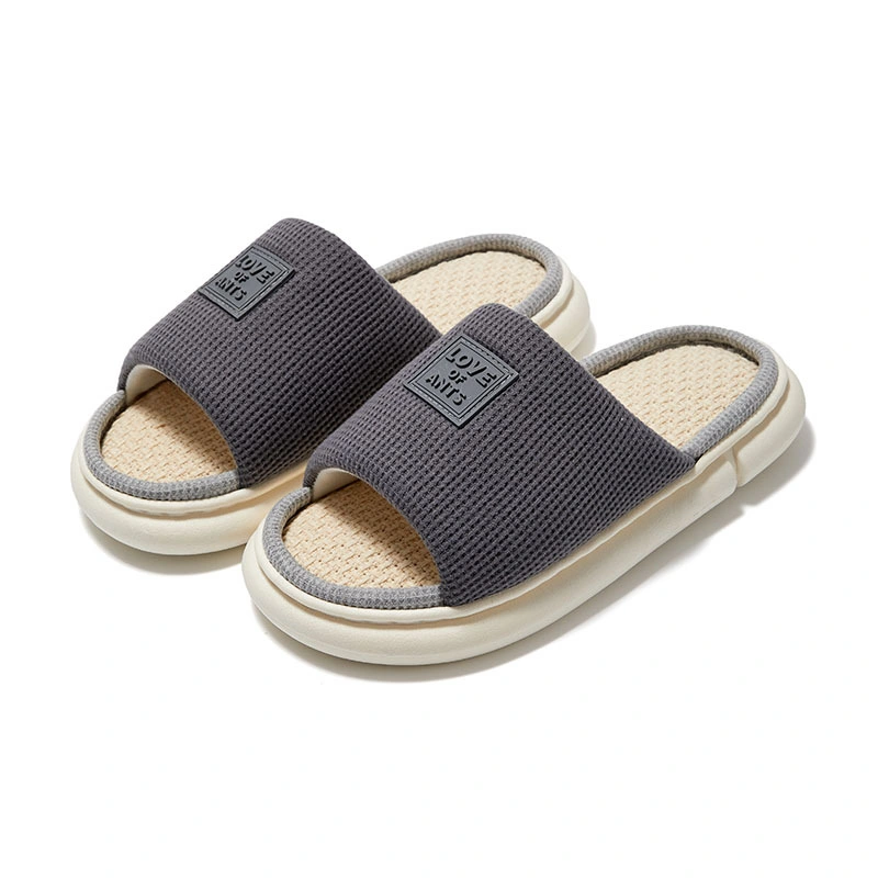 Waffle Fabric Cotton Linen Slippers Thick-Soled Non-Slip All Seasons Soft Bottom Shoes