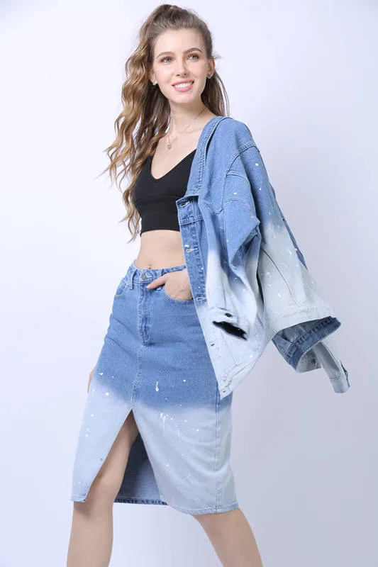 Moda Ropa Mujer&amp;Bleached-Blue OEM ODM mancha de color Imprimir chaqueta de manga larga Oversize straight fit señoras Denim Jeans trajes