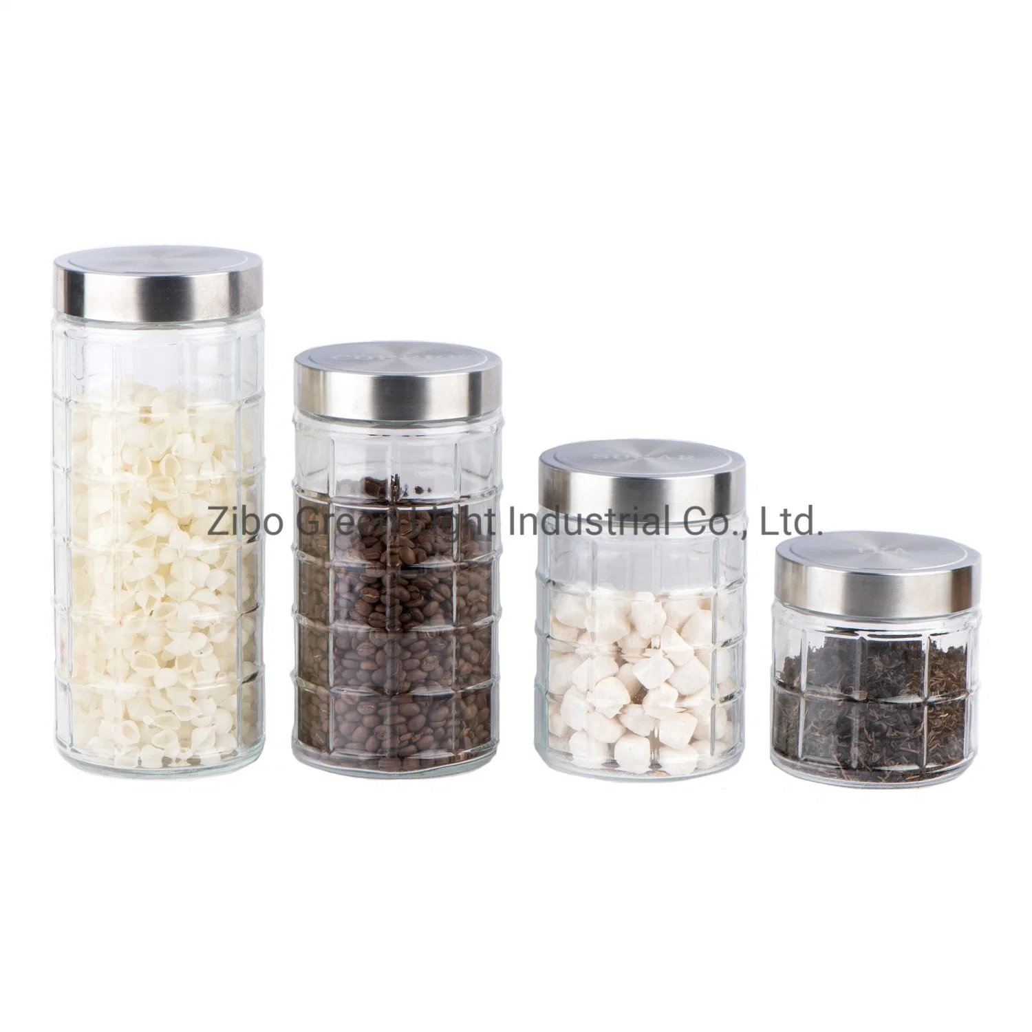 Glass Food Storage for Pasta Coffee Cookie with Embossed Design and Stainless Steel Lid