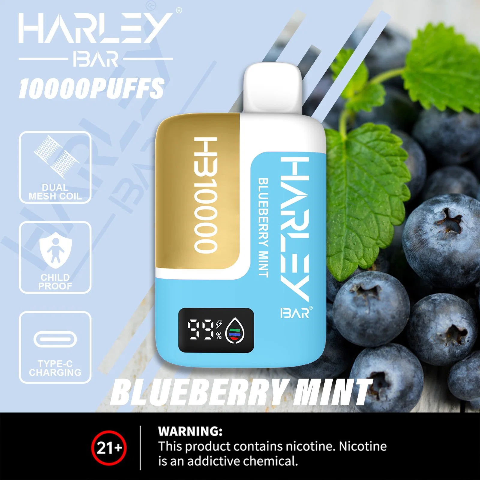 Harleybar Hb10000 Puffs descartáveis Vape Dual Mesh Coil and Child Prova Lock Snus tabaco