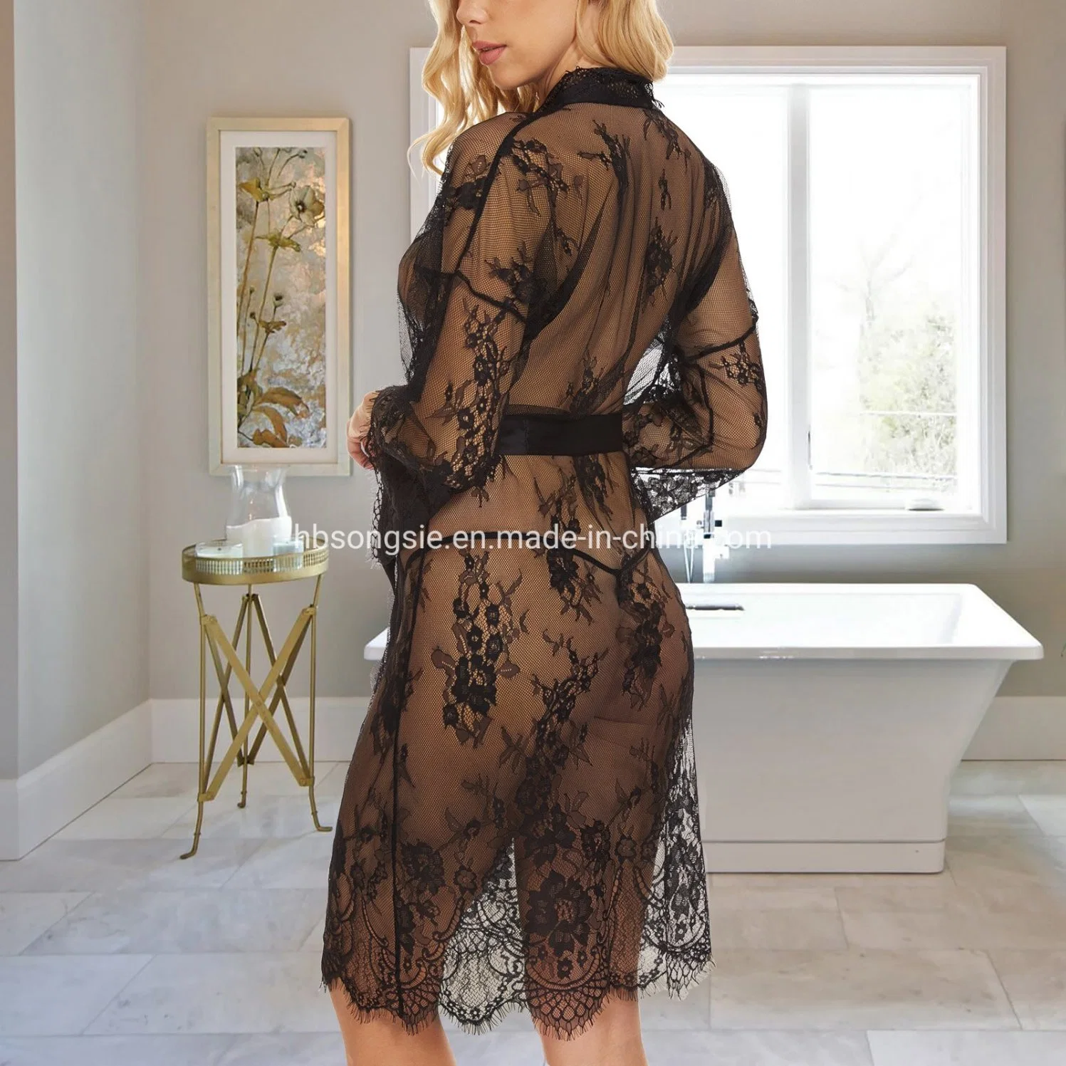 Lingerie for Women Sexy Lace Kimono Robe Deep V Neck Jacquard Mesh Babydoll Nightgown Boudoir Nightdress S-4XL Sleepwear