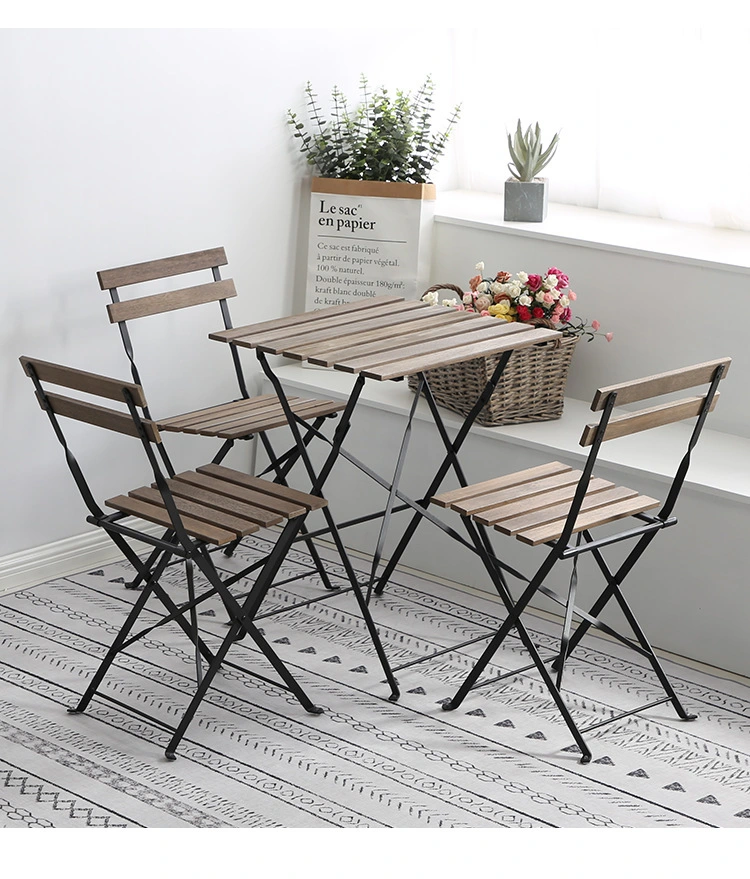 Iron Frame Solid Wood Panel Outdoor Leisure Folding Table Chair Furniture