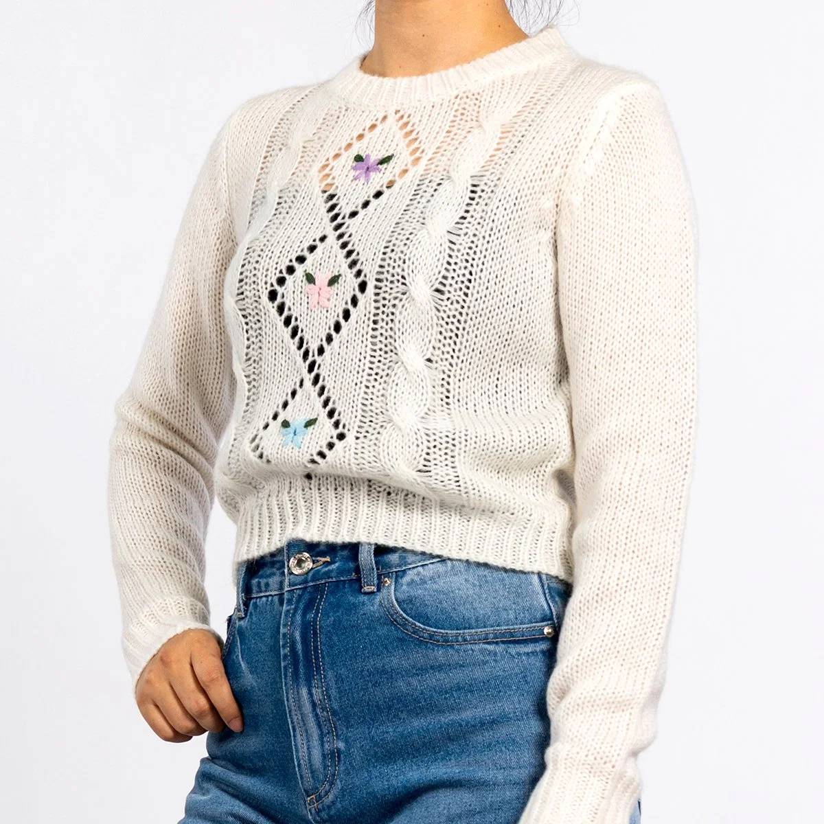 Женские летние вязаные круглые шейки Diamond Twist Hollow вышитые цветочные Пуловер белых свитеров