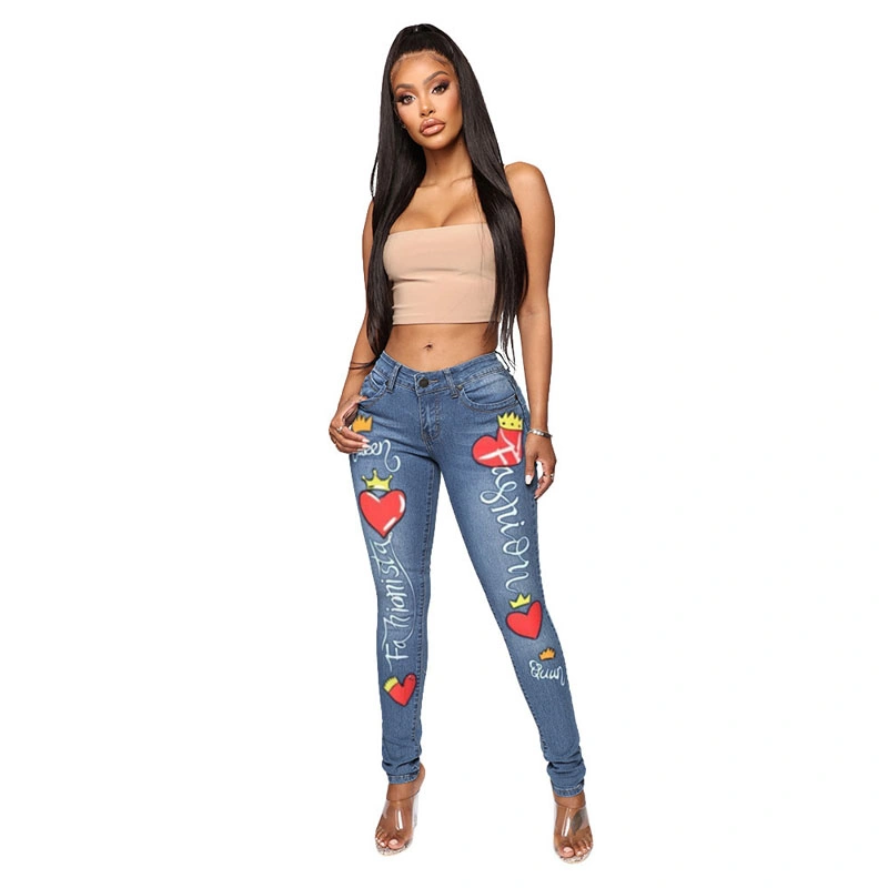 Hot Summer Women's Fashion All Match Tight Love Printed Jeans Female (CFJPFM-034)