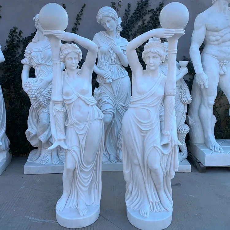 Outdoor Park Street Lamp Decoration Large White Marble Stone Lady Statue with Holding Lamp Sculpture