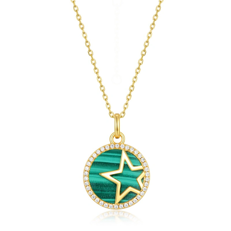 Top Selling Natural Malachite Round Coin Gemstone 925 Silver Gold Plated Chain Dainty Minimalist Layering Necklace for Her