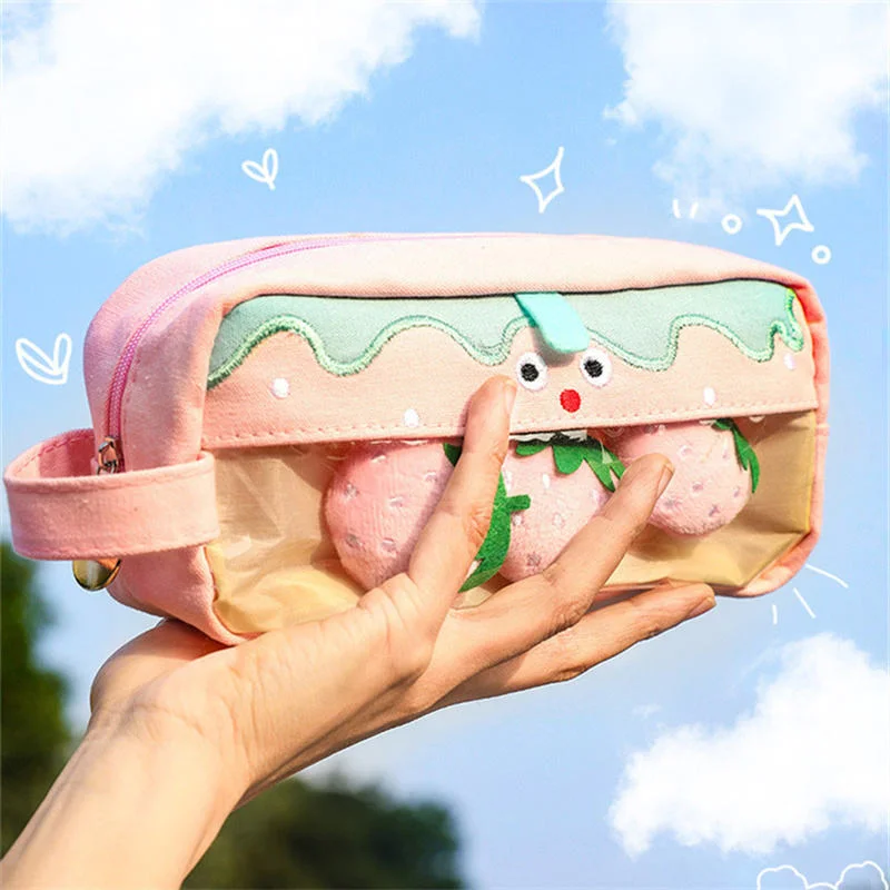 Caja de almacenamiento de papelería escolar de gran capacidad en japonés para chicas, estuche de lápices kawaii lindo de tela de lona