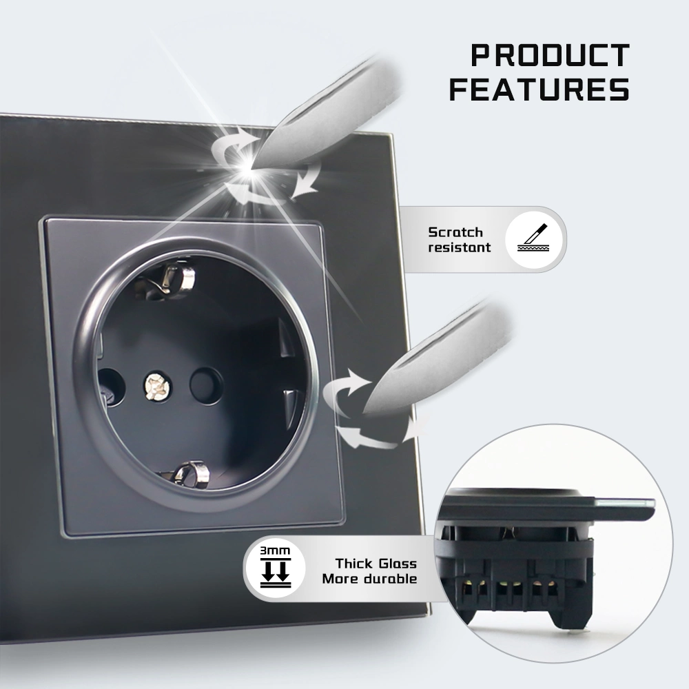 Wall Socket with USB Ports EU Outlet Tempered Glass Plate USB German Socket 220-250V 16A