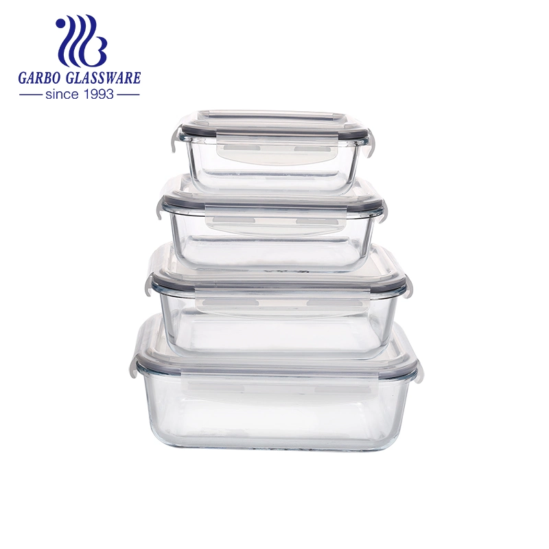 4PCS Rectangular Glass Food Containers Heat Resistant Lunch Box Set Microwave Safe Glassware Customized