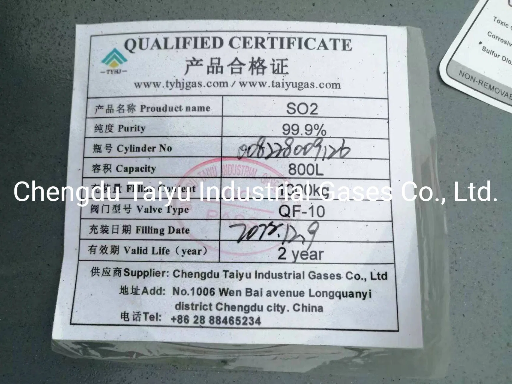 China Supply 99.9% So2 Sulfur Dioxide Gas, 800L Cylinder Reasonable Price