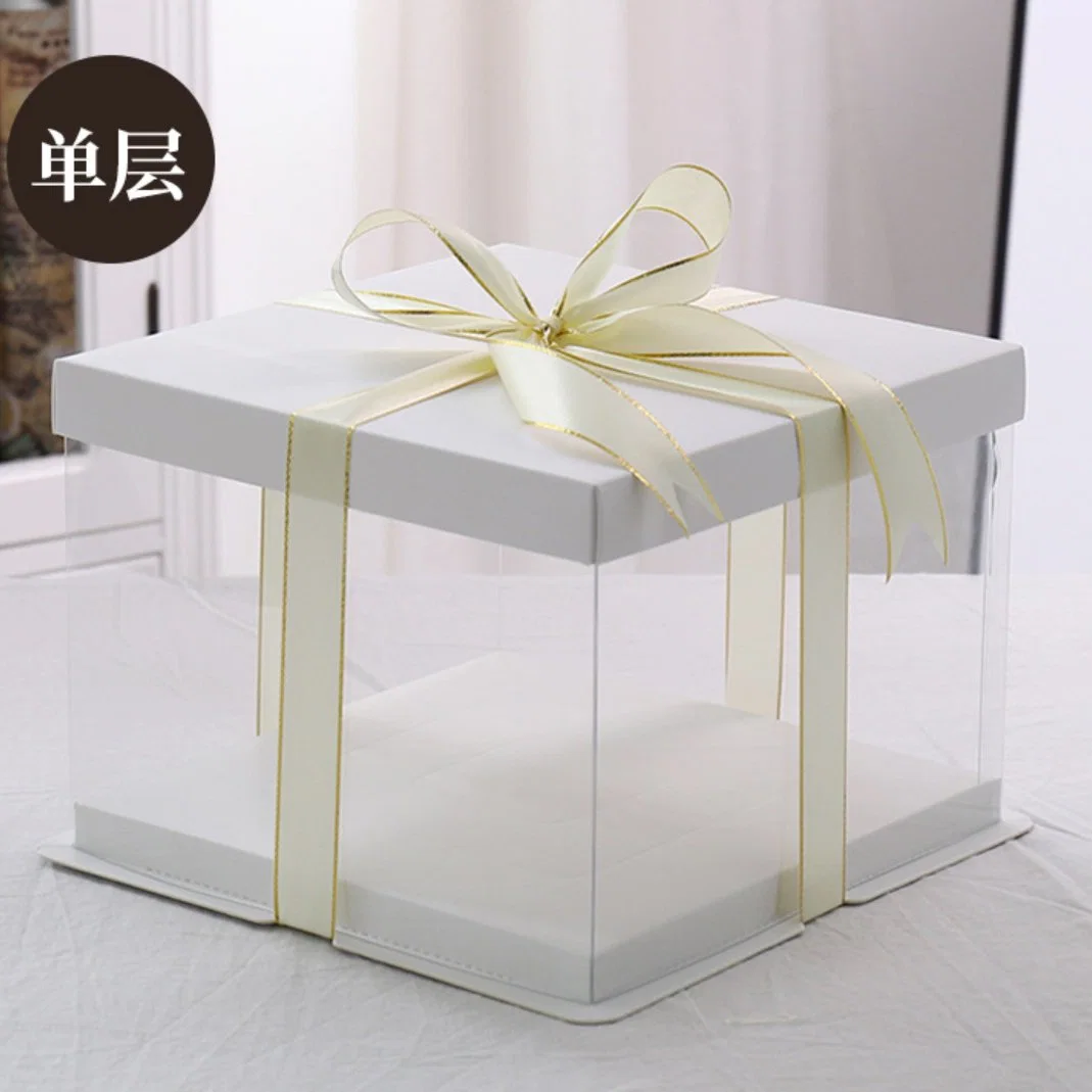 صندوق هدية لحفل زفاف أو عيد ميلاد عالي الجودة لتغليف الكعك المربع الشفاف من البلاستيك مع الشريط