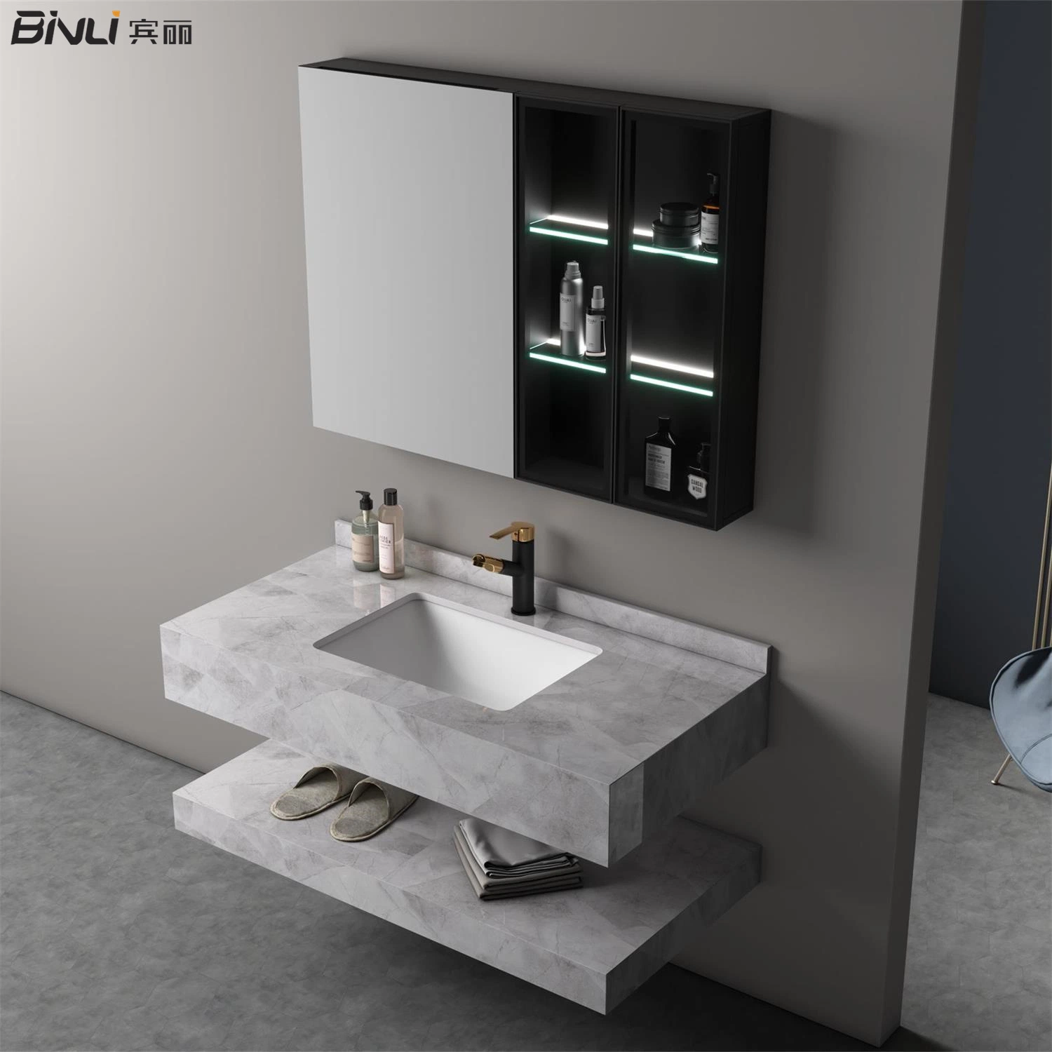 Muebles de hogar lavabo de cerámica integrada de banda de Rock Stone baño flotante vanidad Fregadero