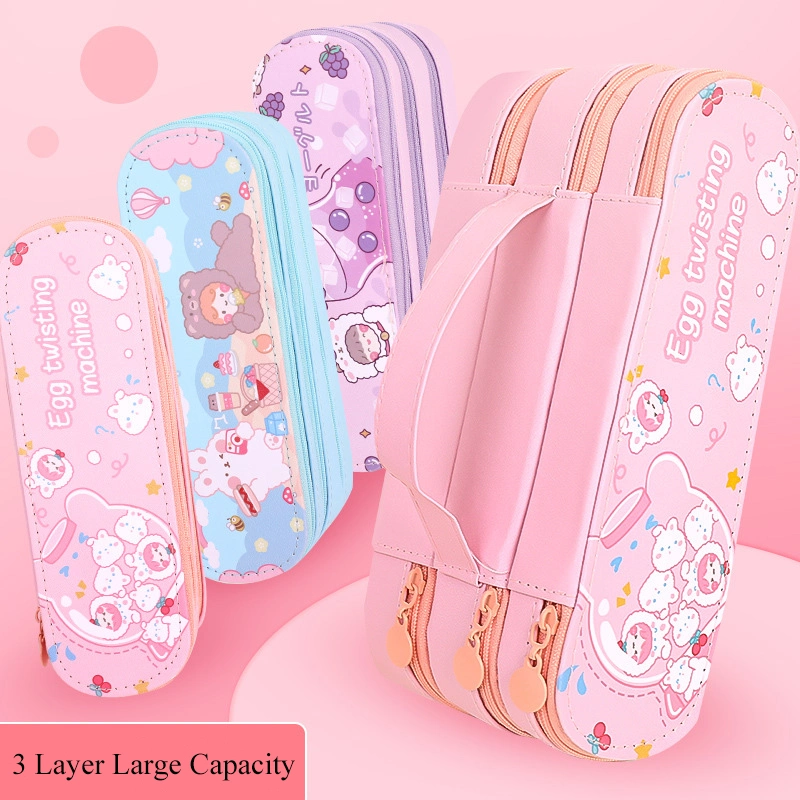 Cute Cartoon Pencil Case Kids Student Stationery Storage Organizer 3 Layers Large Capacity Portable Canvas Pen Bag for Girls