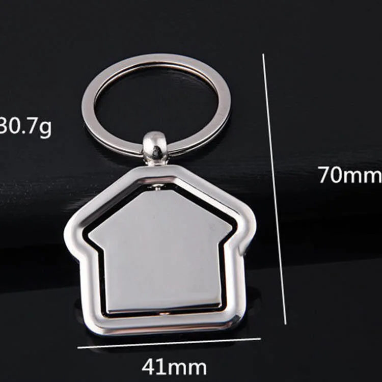 Custom Latest Design Iron Blank Sublimation Aluminium Key Ring Hotel Motel Keychain Blank Metal Real Estate Spinner Metal Keychain Silver House Shaped Keyring