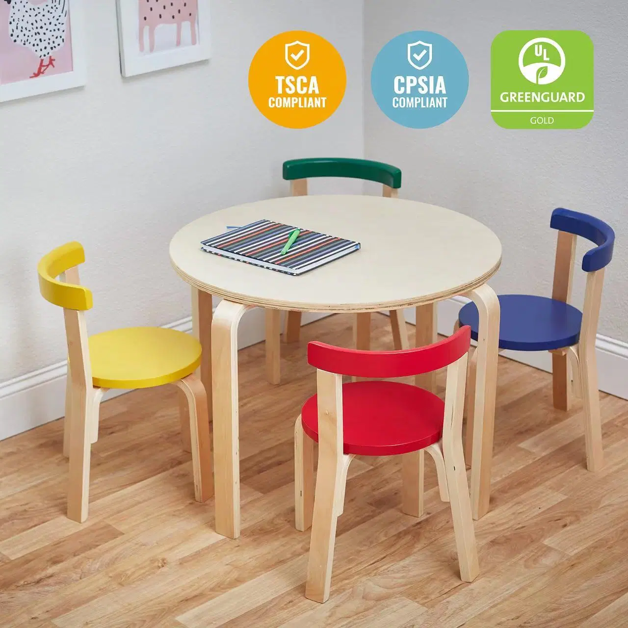 Mobilier moderne 5 pièces pour enfants de haute qualité hauteur de siège 12 pouces Ensemble de table ronde et de chaise à dossier incurvé Bentwood pour enfants