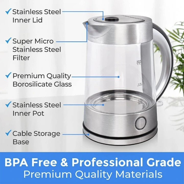 Factory Outlet Cordless Glass Water Boiler Stainless Steel Filter Electric Kettle