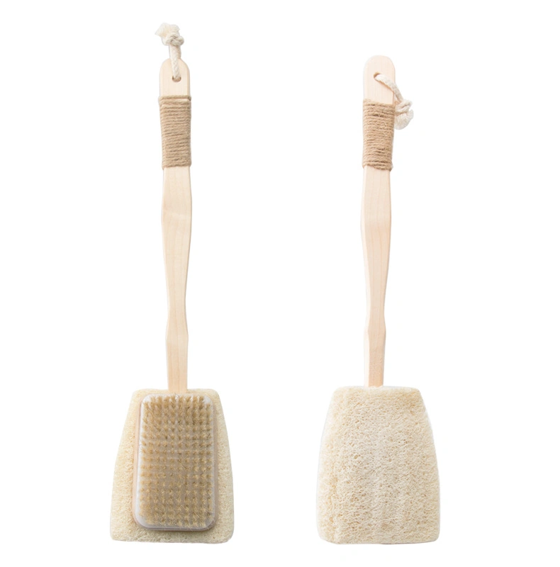 Rectangle Loofah Sponge Bristle Bath Brush with Long Wooden Handle