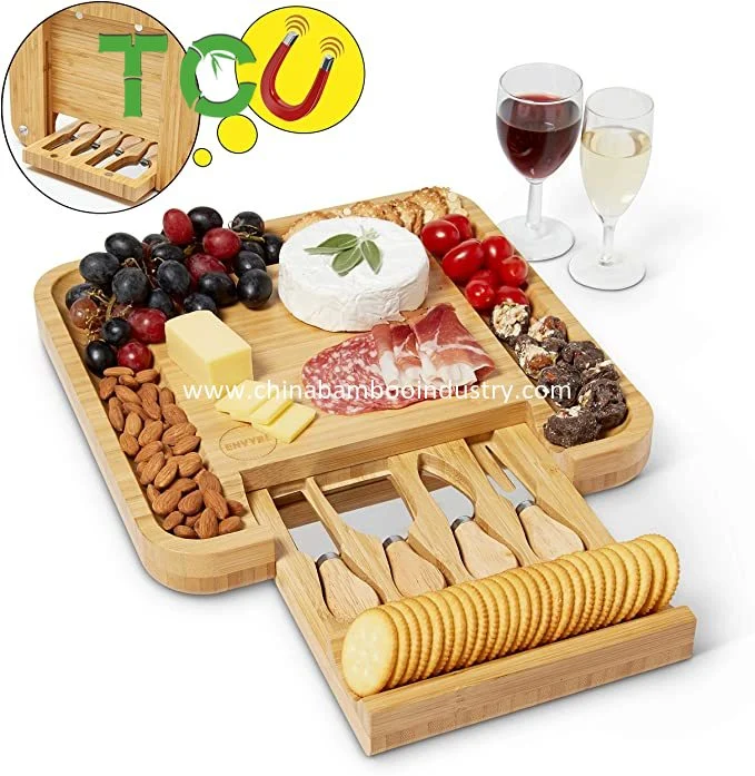 Natural Bamboo Cheese Board & Cutlery Set with Slide-out Drawer and Knife