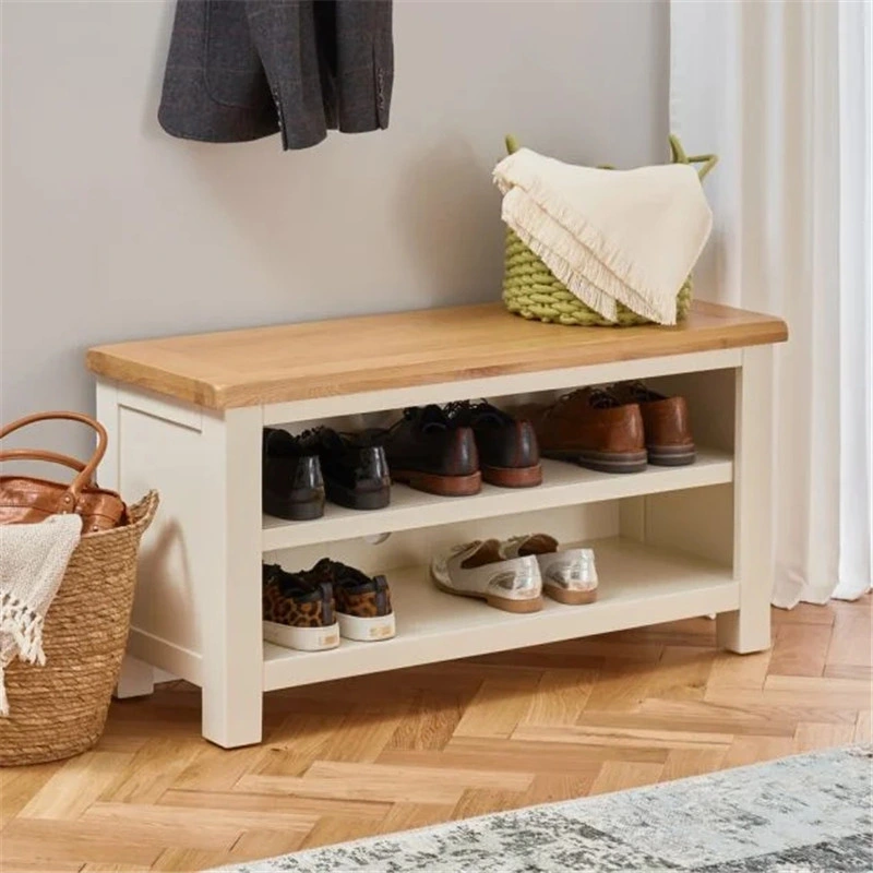 2 niveles de madera Crema Painted Shoes Rack Organizer - Banco de almacenamiento de Zapatos Armario para el pasillo Muebles