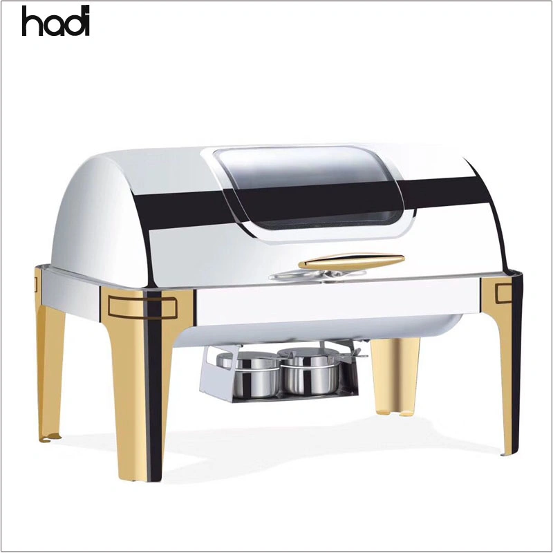 Luxury Decorative Fancy Chafing Dish 9.0L Large Capacity Rectangular Shape and Roll Top Chafing Dish Silver and Gold Color with Glass Window