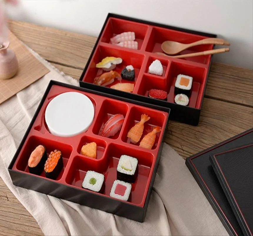 Japanese Style Black and Red Rectangle Bento Box with Bowl